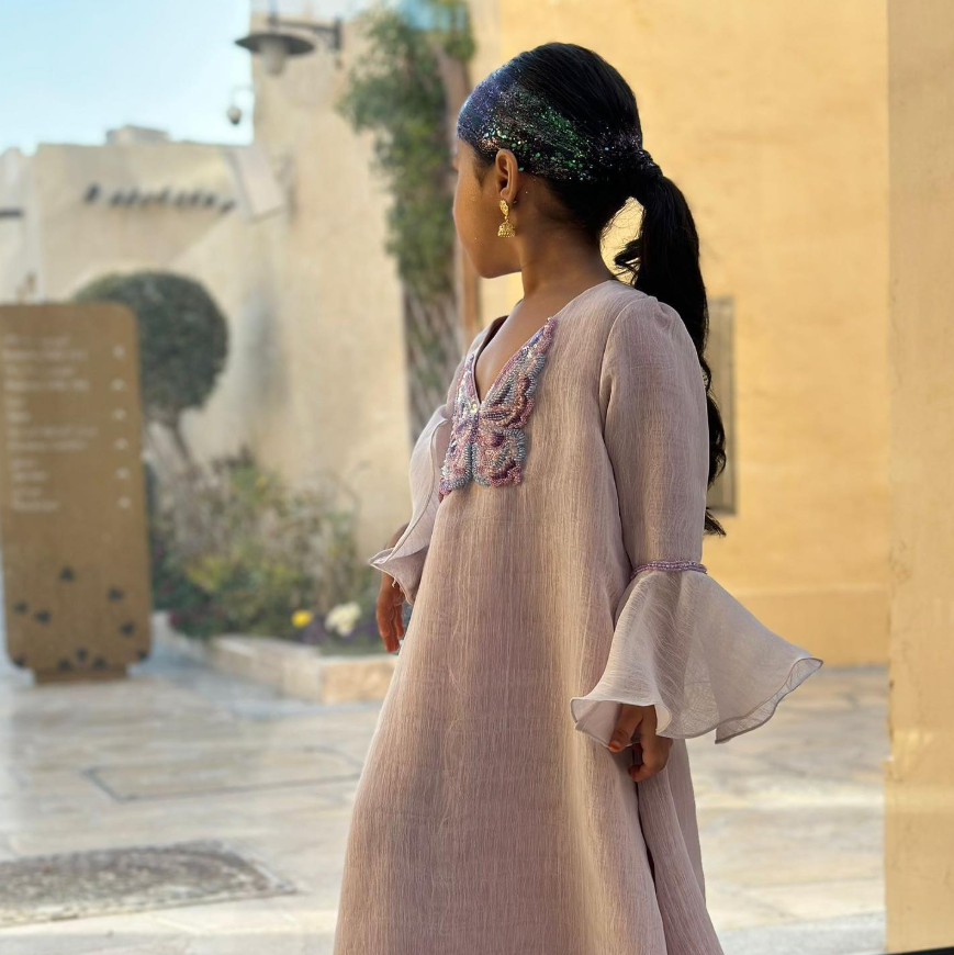 Jalabiya with Designed Sleeves Embroidered Butterfly Design