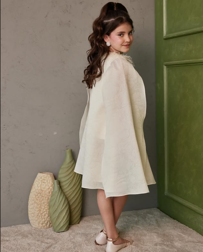 Offwhite Cape with Embroidery and Feathers