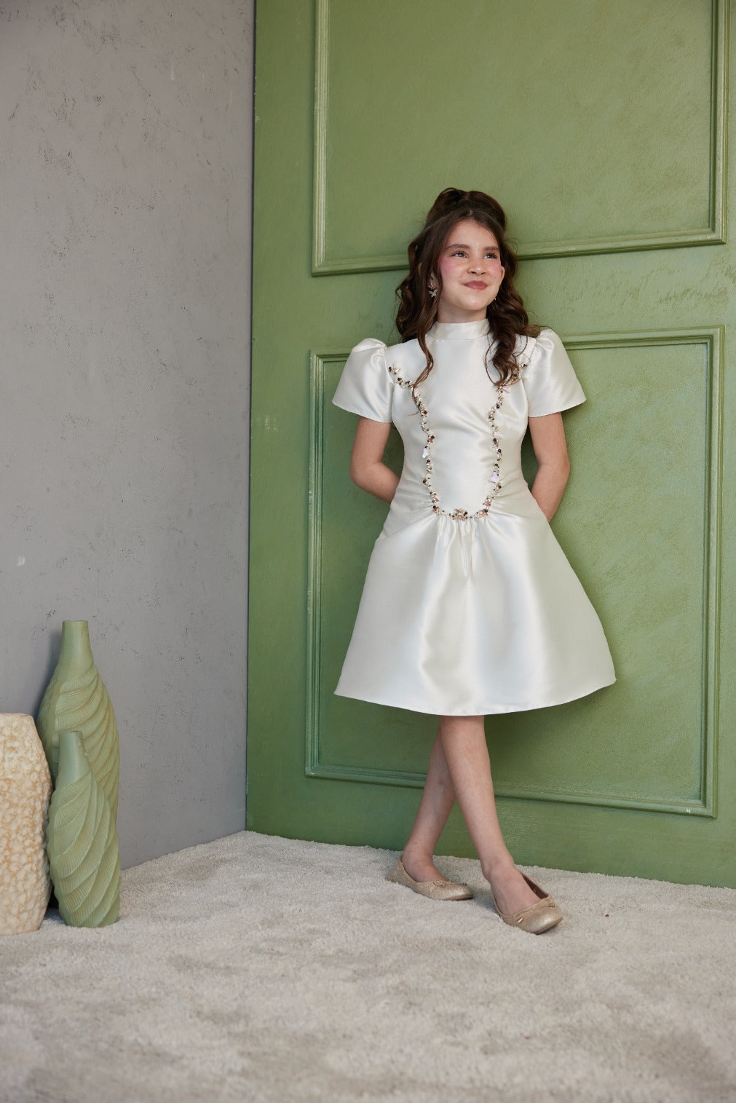 Beige, Cream & Light Green Mikado with Crystals