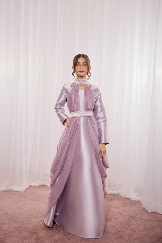 Scarlet Kids Purple Shimmer Tulle Jalabiya with Floral Embroidery