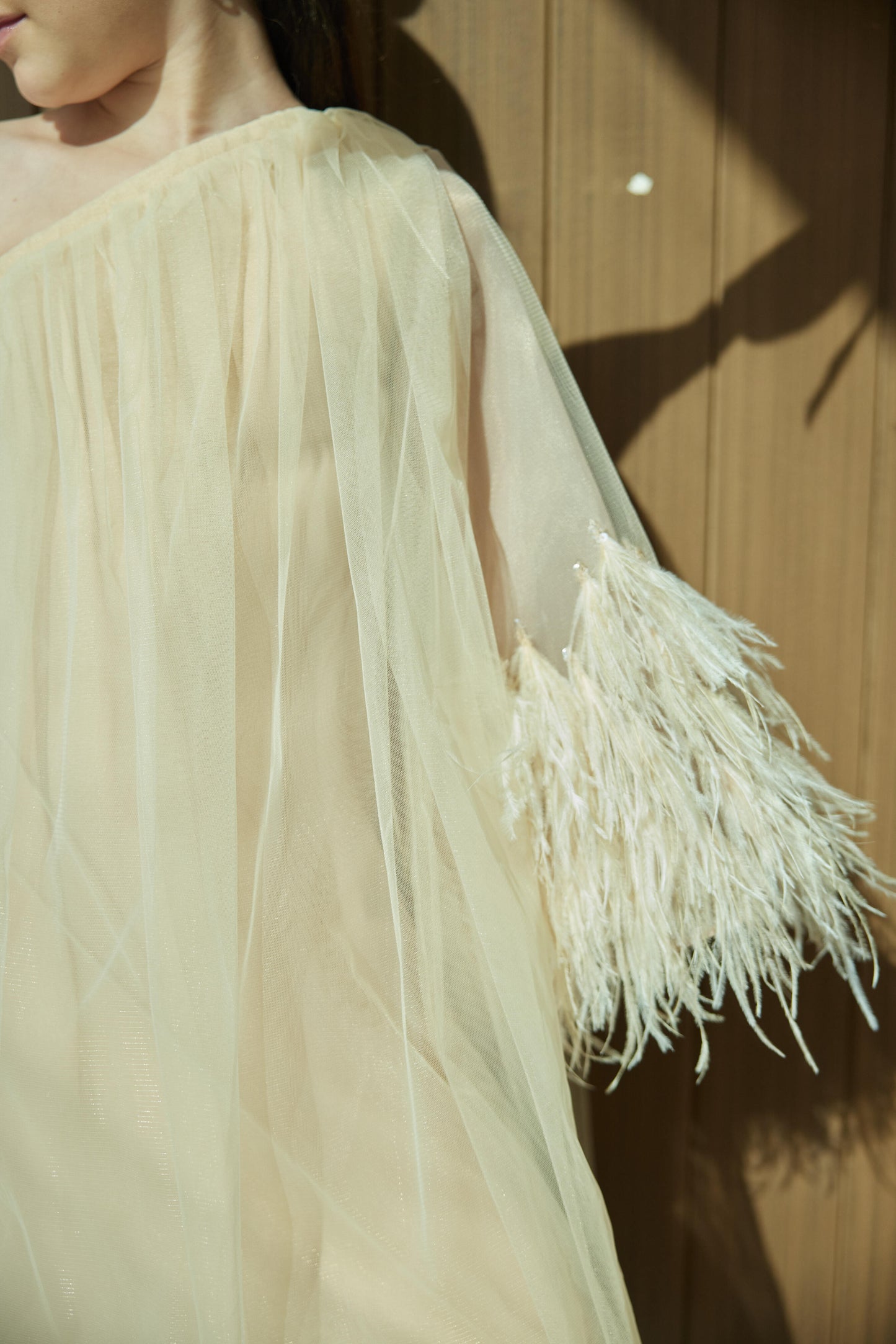 Asymmetric Dress with One-Sided Sleeve with Feathers