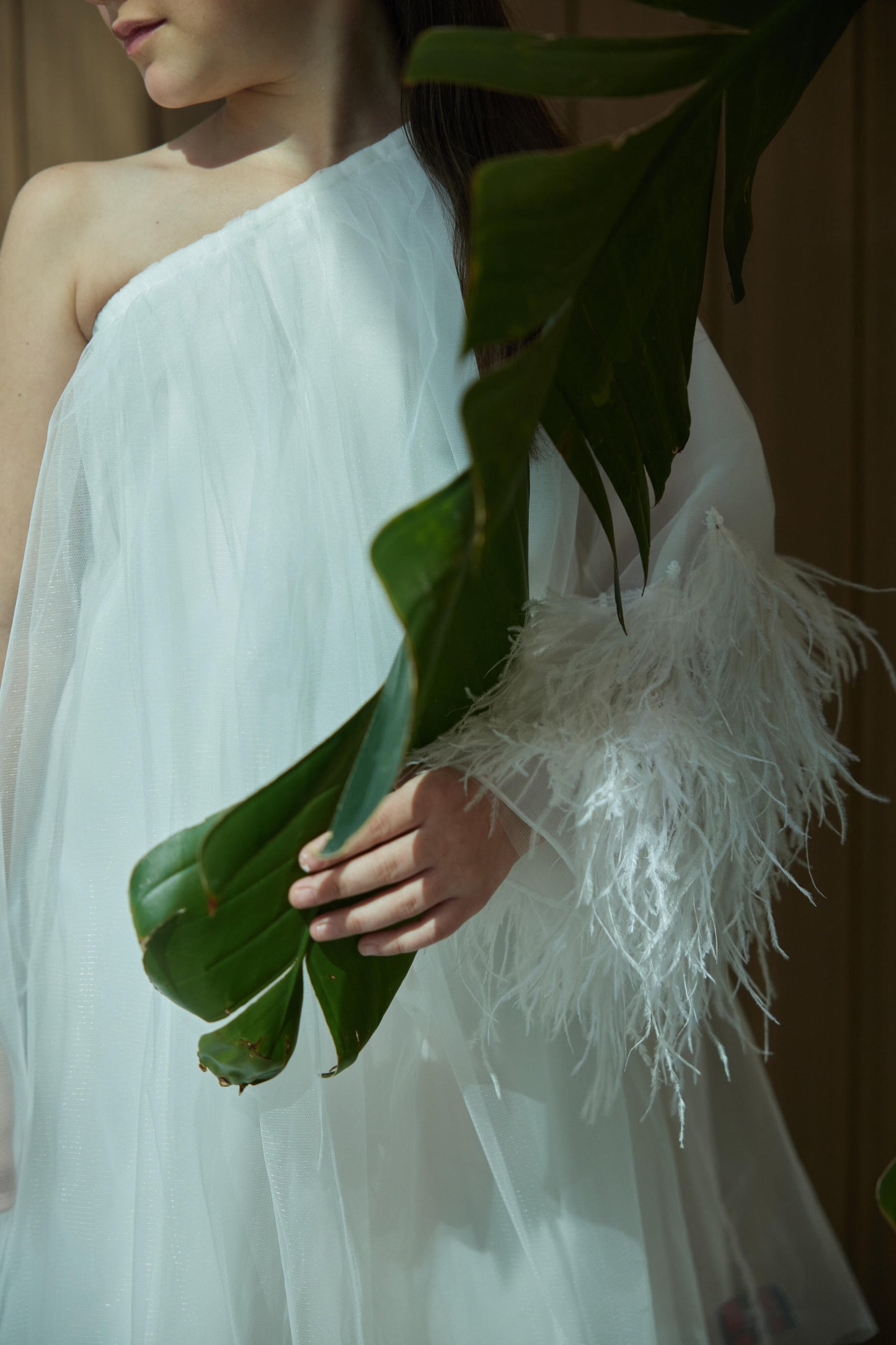Asymmetric Dress with One-Sided Sleeve with Feathers