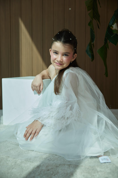 Asymmetric Dress with One-Sided Sleeve with Feathers