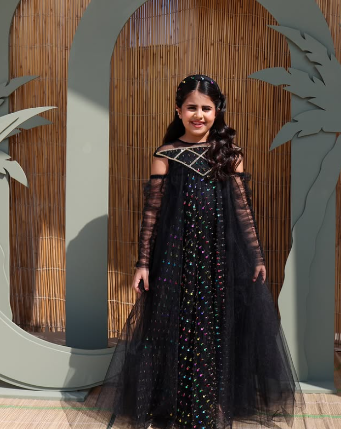 Black Long Cloche Dress with Embroidered