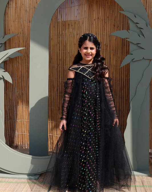 Black Long Cloche Dress with Embroidered