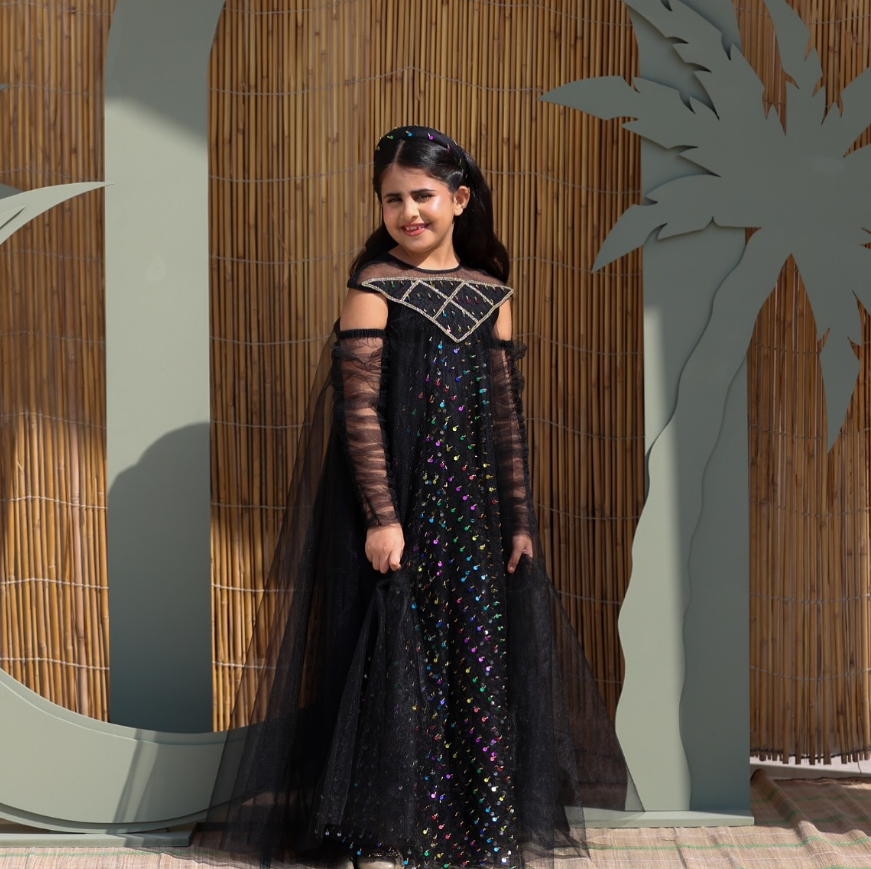 Black Long Cloche Dress with Embroidered