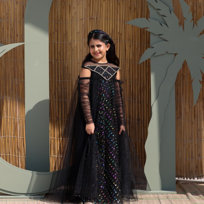 Black Long Cloche Dress with Embroidered