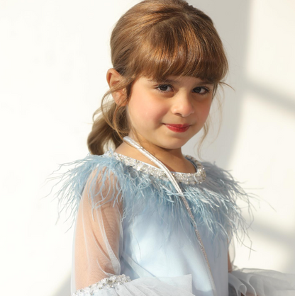 Tulle Dress with Feathers and Embroidered Stones