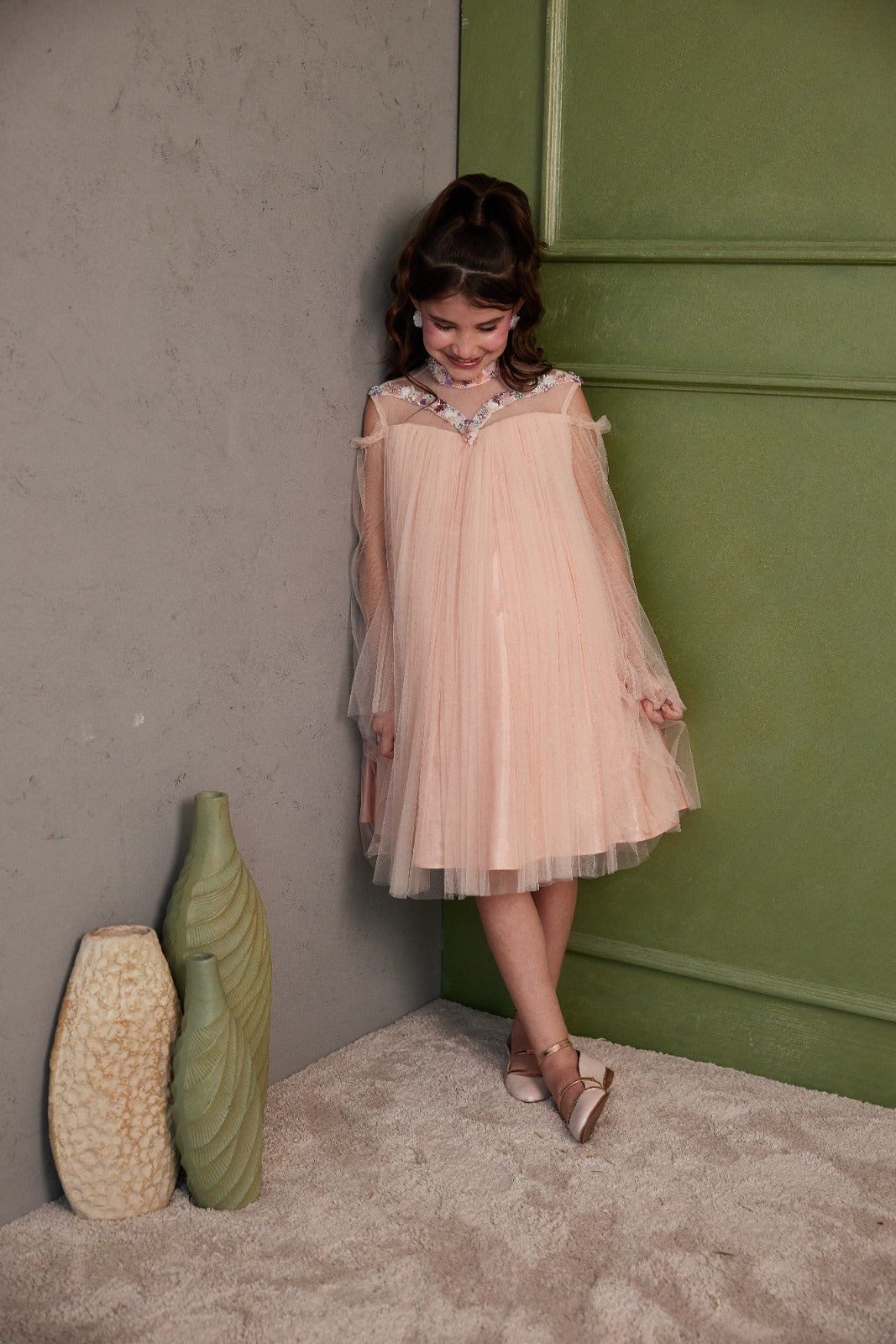 Peach & White Highneck with Embroidery