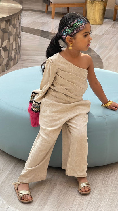 Asymmetric Brown Shoulder with One-Sided Sleeve Jumpsuit